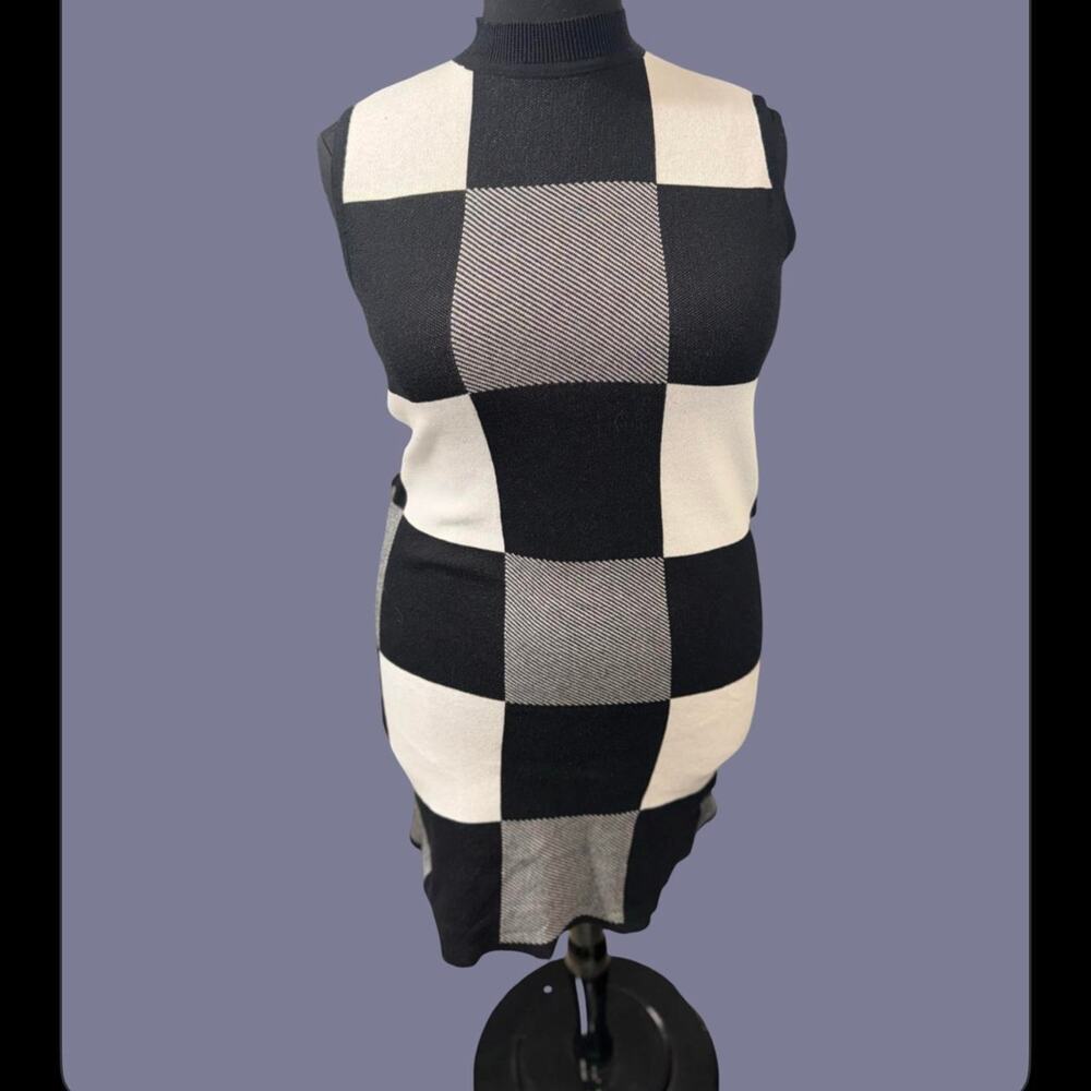 Masseys Black White Buffalo Check Sleeveless Mock Neck Sweater Dress L - Picture 3 of 7